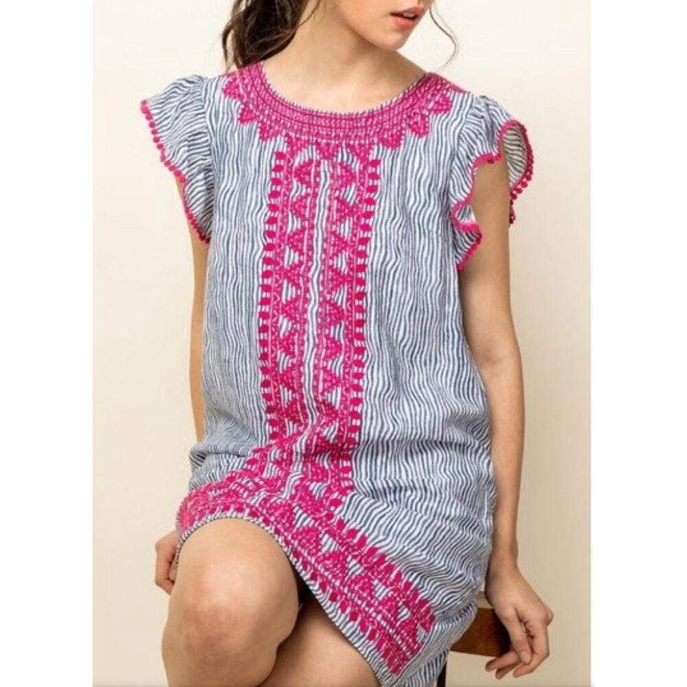 THML Anthropologie Stripe Embroidered Shift Dress Pink Navy Flutter Sleeve Large - Picture 1 of 6